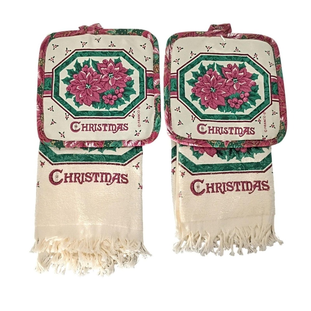 Vintage Franco Christmas Fringed 4 pc Hand Towel‎ Potholder Set Poinsettias